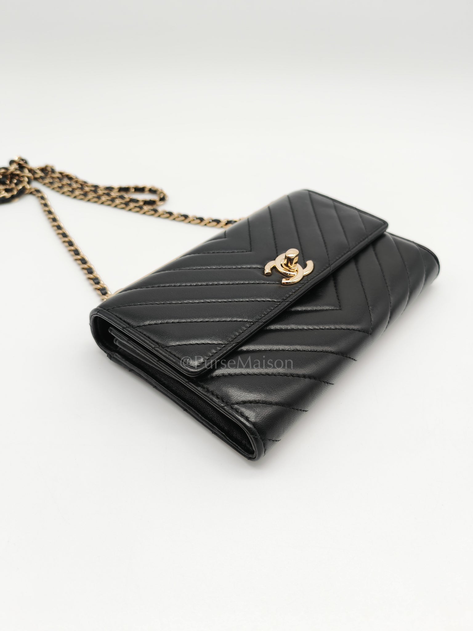 Trendy Wallet on Chain(WOC) Black Lambskin Leather in Light Gold Hardware (Series 25****00) | Purse Maison Luxury Bags Shop