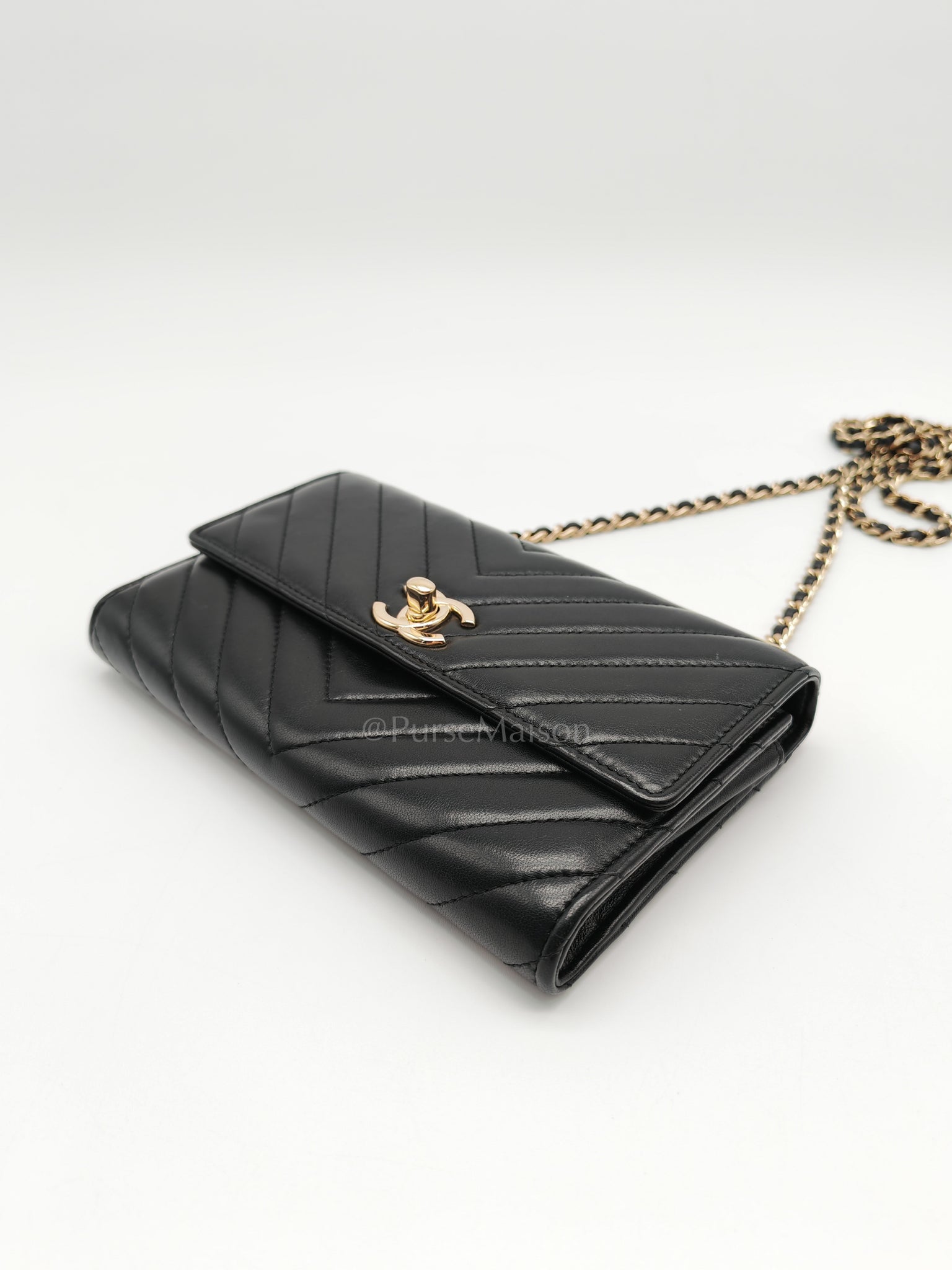 Trendy Wallet on Chain(WOC) Black Lambskin Leather in Light Gold Hardware (Series 25****00) | Purse Maison Luxury Bags Shop