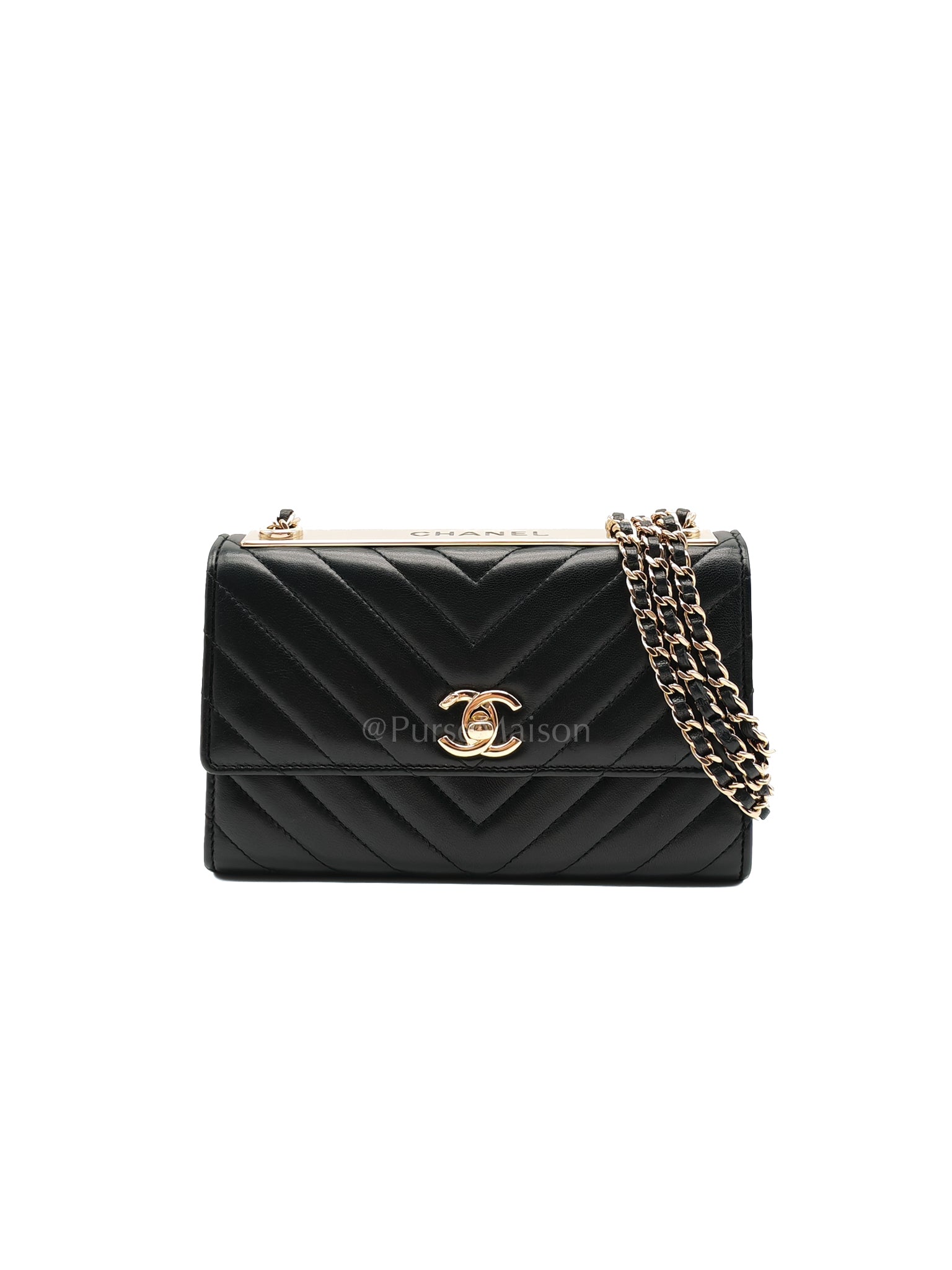 Trendy Wallet on Chain(WOC) Black Lambskin Leather in Light Gold Hardware (Series 25****00) | Purse Maison Luxury Bags Shop