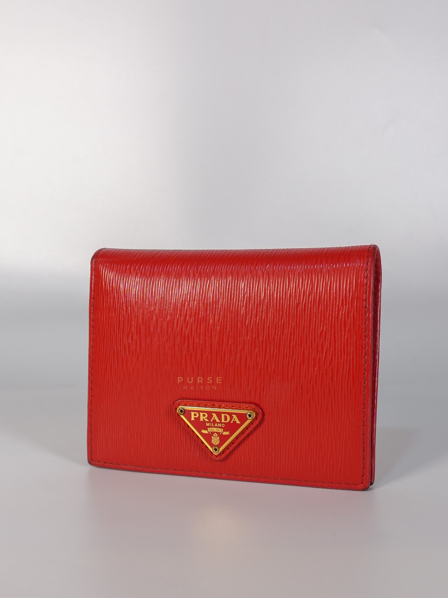 Triangle Logo Card Holder in Red Vitello Move Leather | Purse Maison Luxury Bags Shop