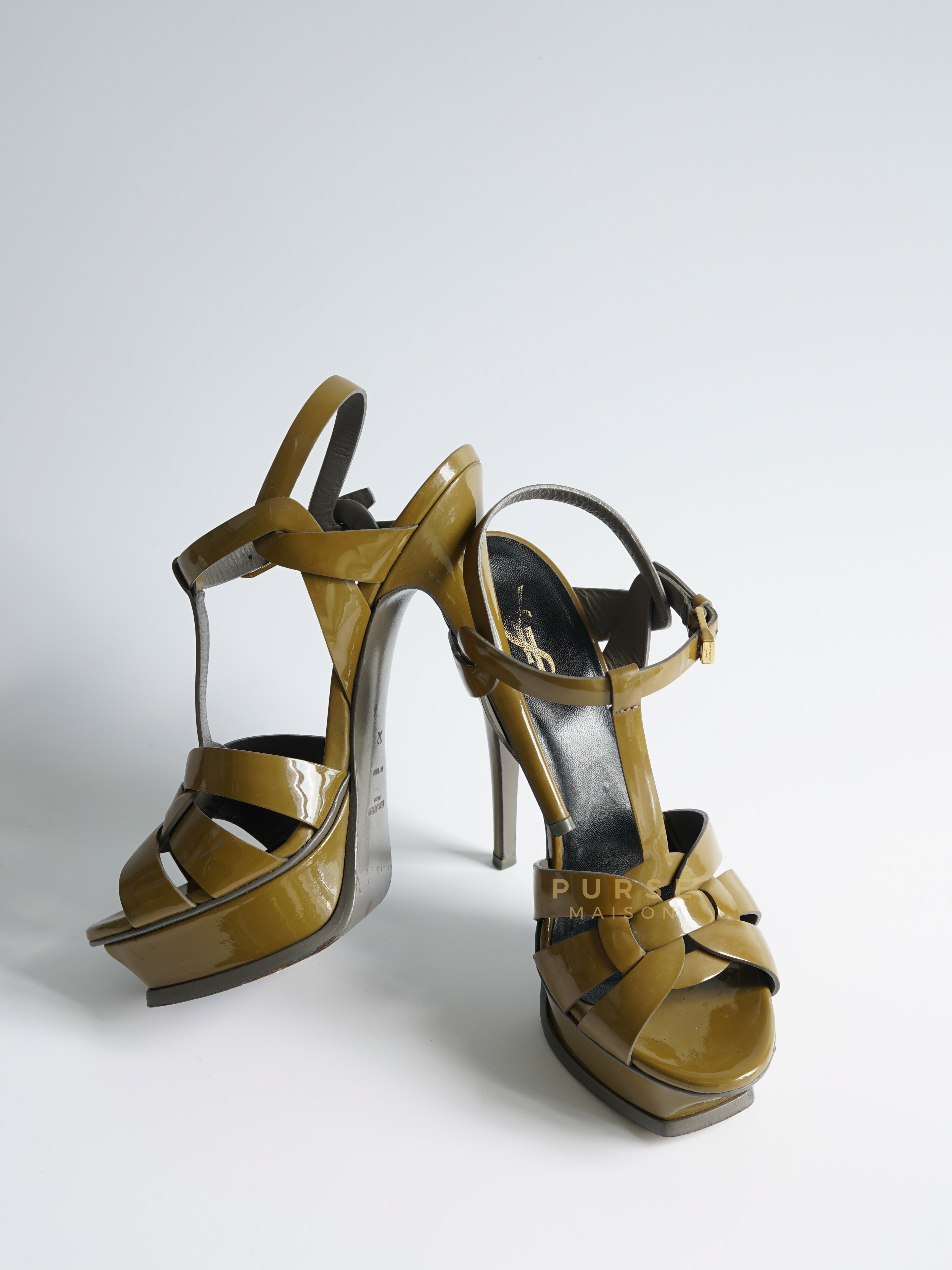 Tribute Army Green Patent Leather High Heels Sandals Size 38EU (25cm) | Purse Maison Luxury Bags Shop