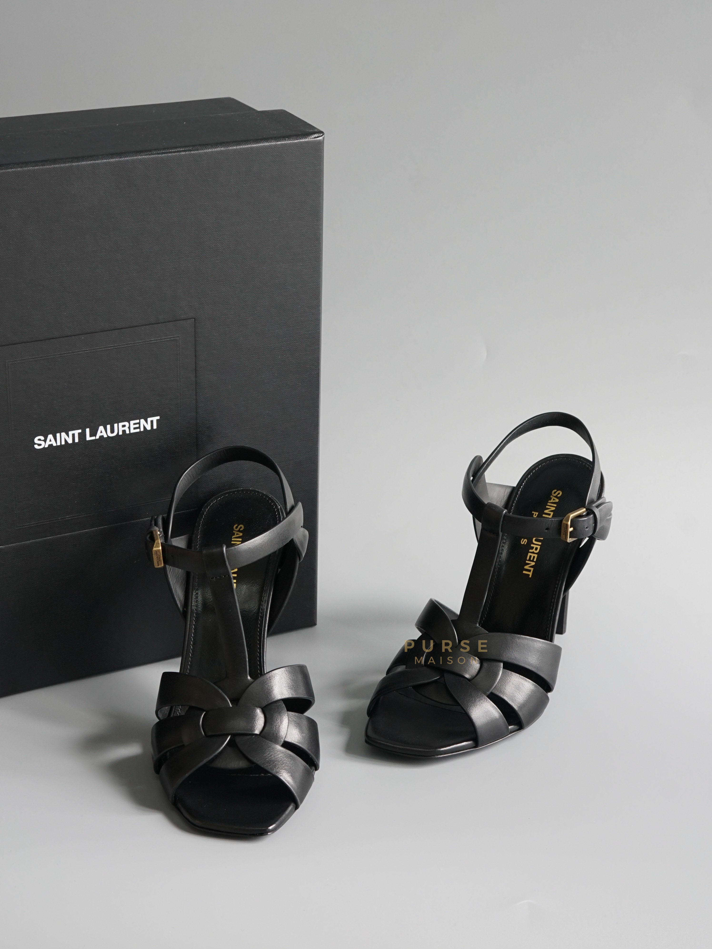Tribute Black Leather High Heels Sandals Size 35 EU (23cm) | Purse Maison Luxury Bags Shop