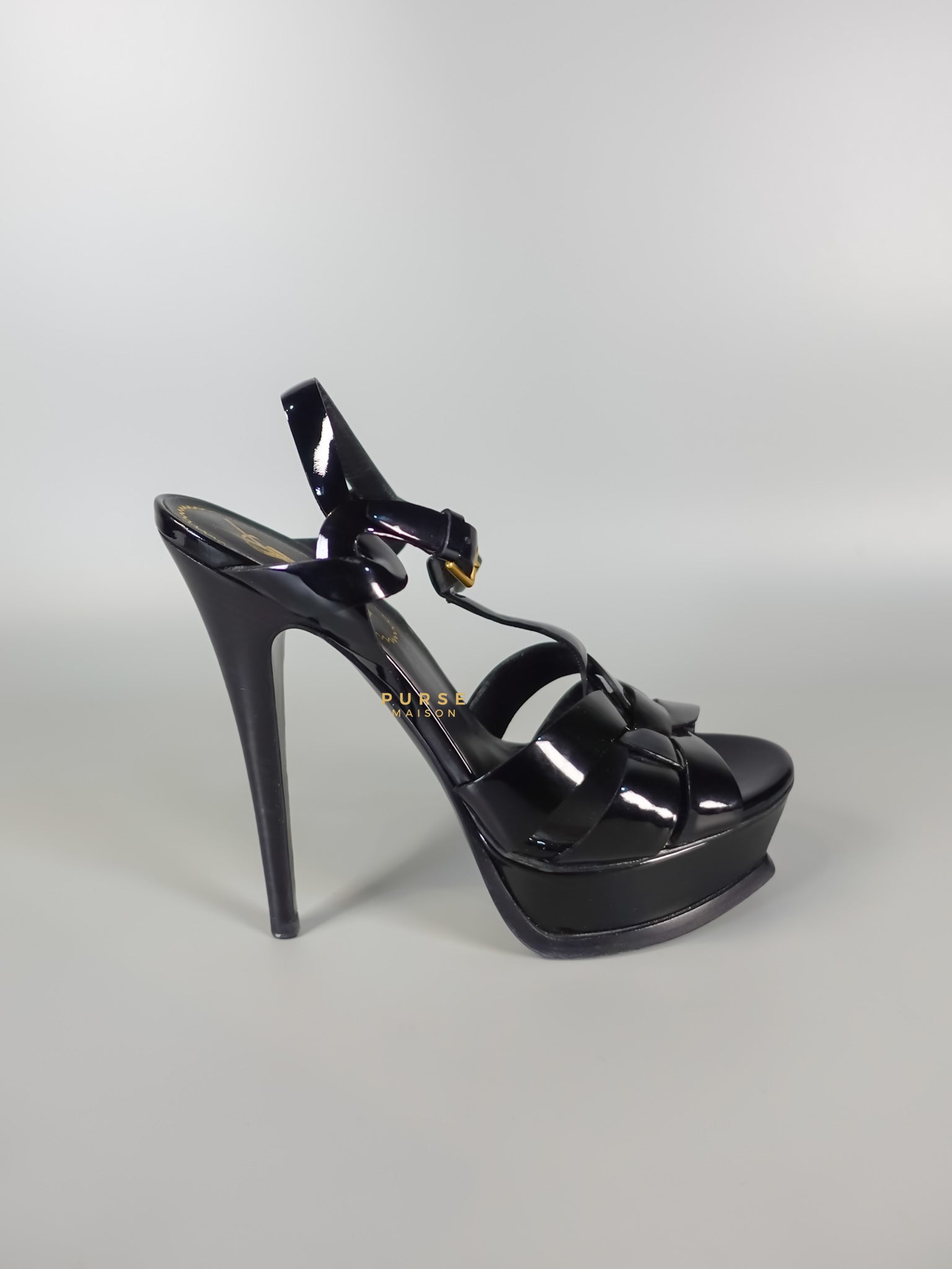 Tribute Leather Platform Sandal Patent Black High Heels (Size 36EU 23cm) | Purse Maison Luxury Bags Shop