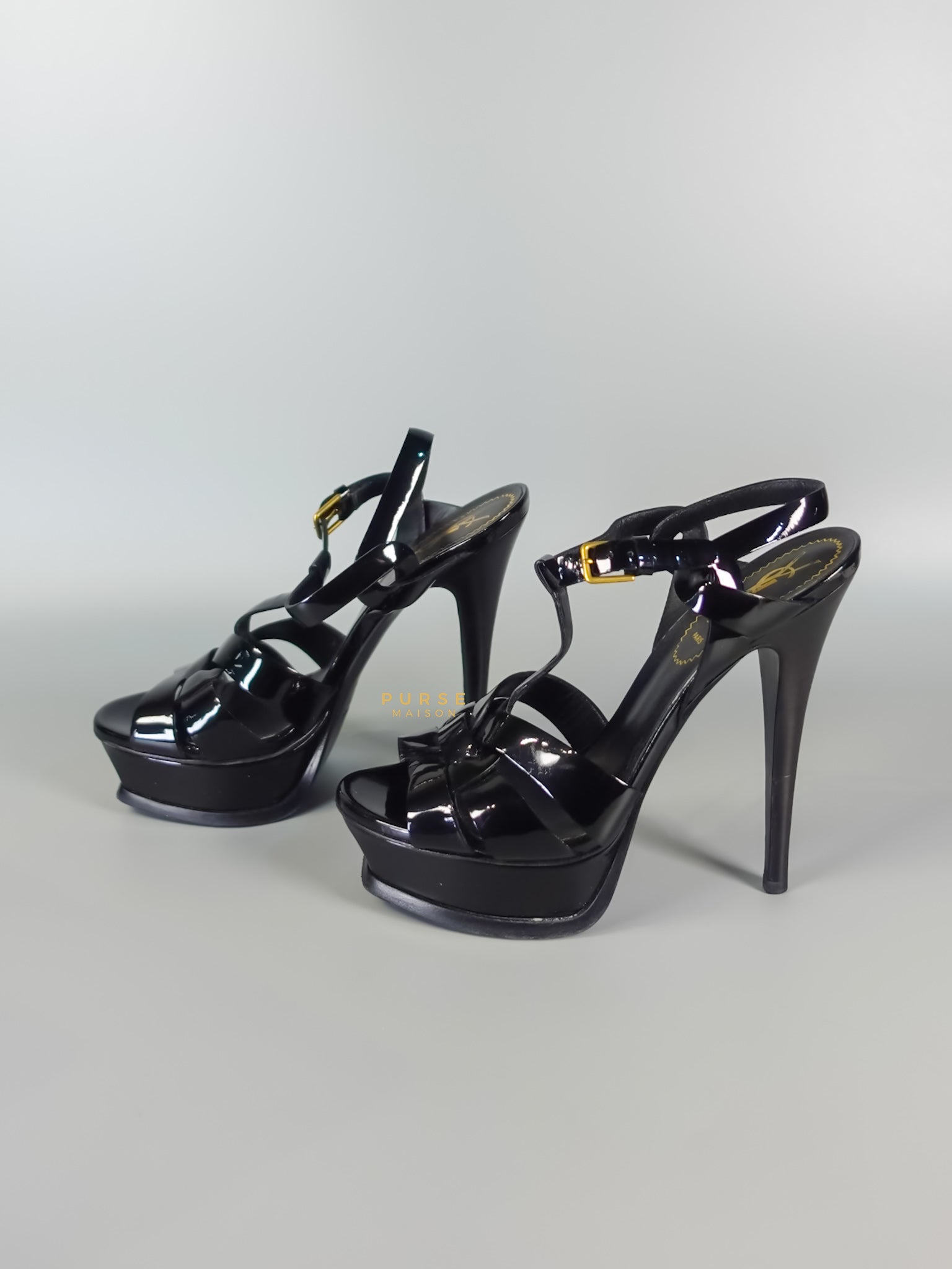 Tribute Leather Platform Sandal Patent Black High Heels (Size 36EU 23cm) | Purse Maison Luxury Bags Shop