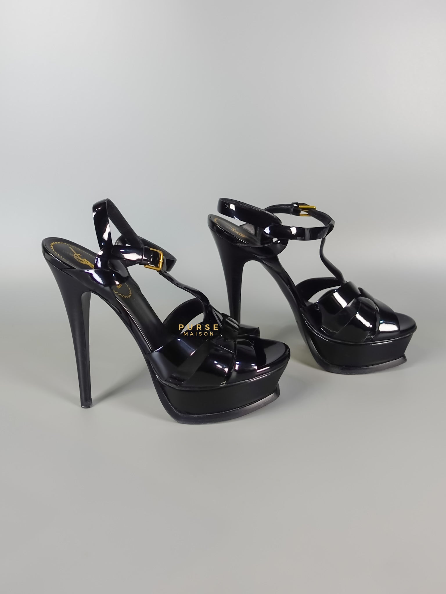 Tribute Leather Platform Sandal Patent Black High Heels (Size 36EU 23cm) | Purse Maison Luxury Bags Shop
