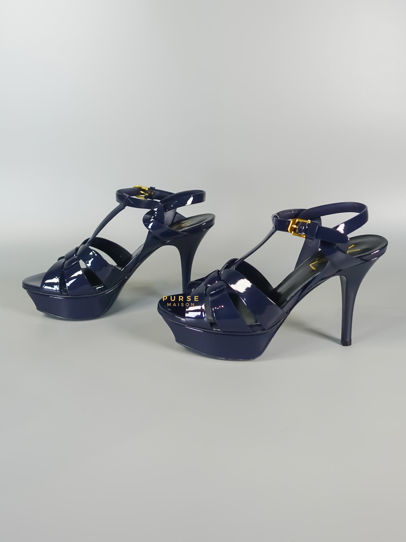 Tribute Leather Platform Sandal Patent Navy Blue High Heels (Size 36EU 23cm) | Purse Maison Luxury Bags Shop