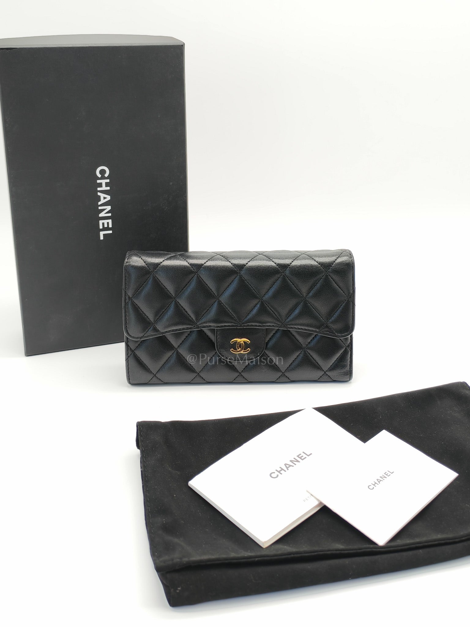 Trifold Long Wallet in Black Lambskin Leather & Gold Hardware Series 21 | Purse Maison Luxury Bags Shop