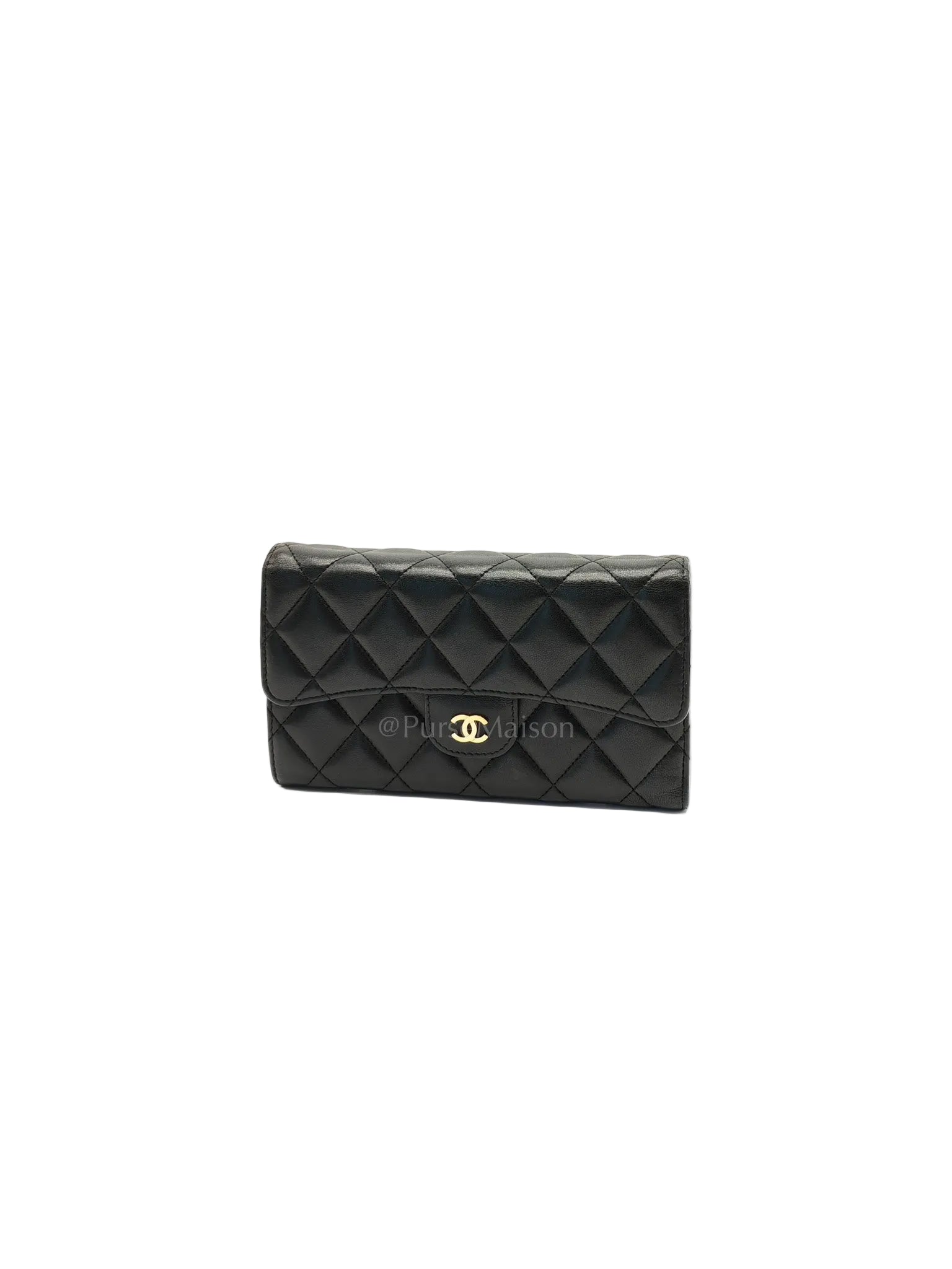Trifold Long Wallet in Black Lambskin Leather & Gold Hardware Series 21 | Purse Maison Luxury Bags Shop