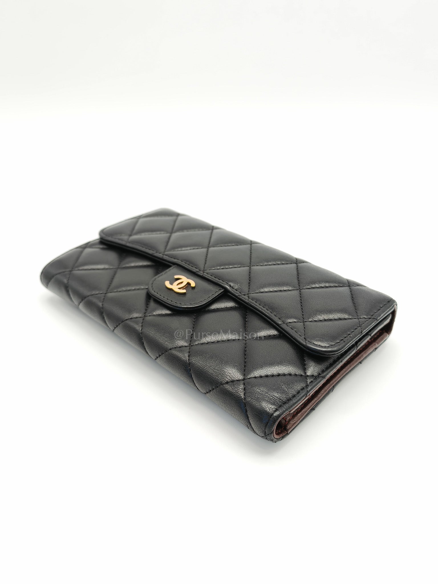 Trifold Long Wallet in Black Lambskin Leather & Gold Hardware Series 21 | Purse Maison Luxury Bags Shop