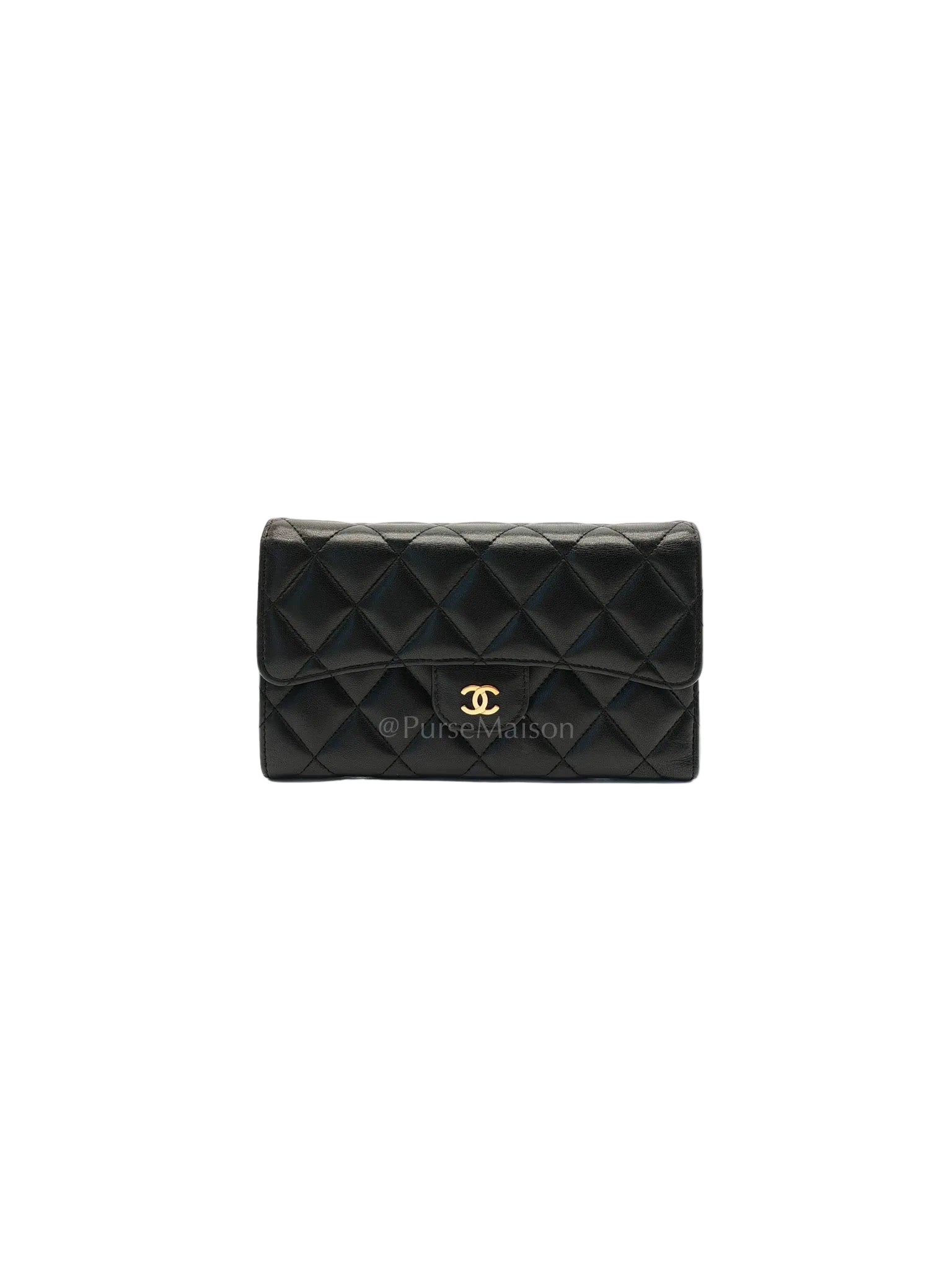 Trifold Long Wallet in Black Lambskin Leather & Gold Hardware Series 21 | Purse Maison Luxury Bags Shop