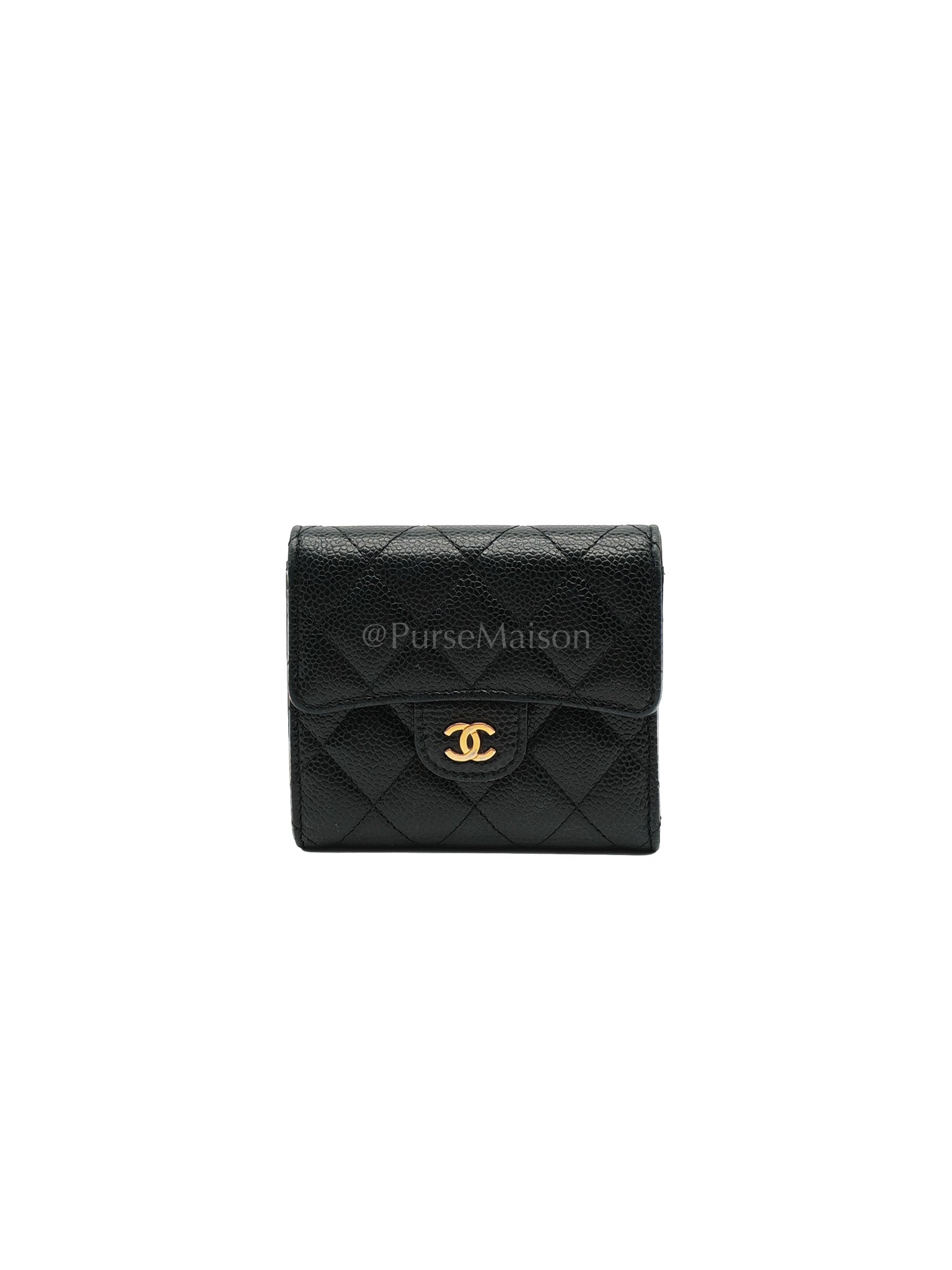 Trifold Wallet Black Caviar Leather in Gold Hardware (Series 31) | Purse Maison Luxury Bags Shop