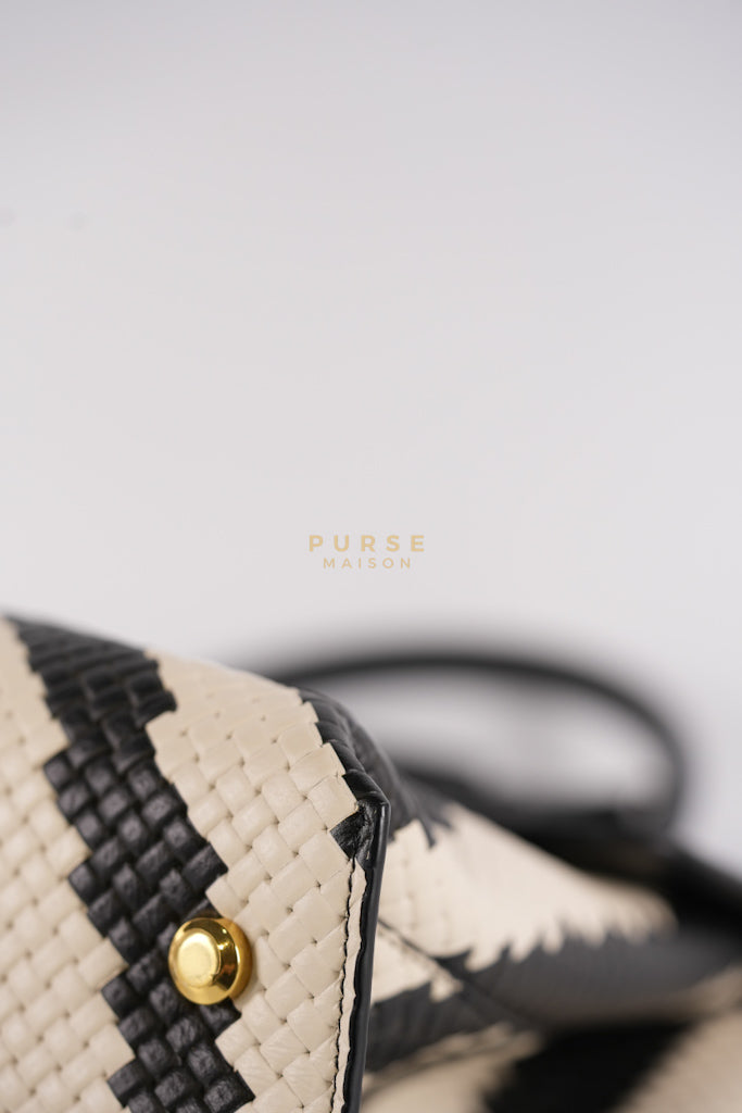 Trifolio Shoulder Hand Bag in Black & White Woven Leather & Gold Hardware | Purse Maison Luxury Bags Shop