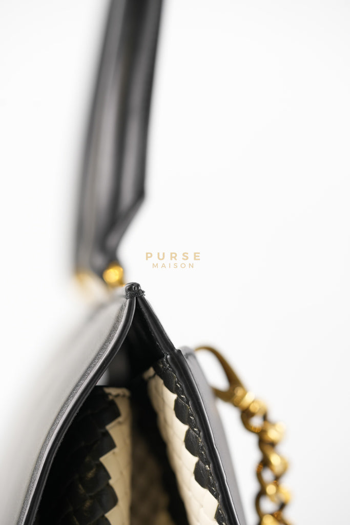 Trifolio Shoulder Hand Bag in Black & White Woven Leather & Gold Hardware | Purse Maison Luxury Bags Shop