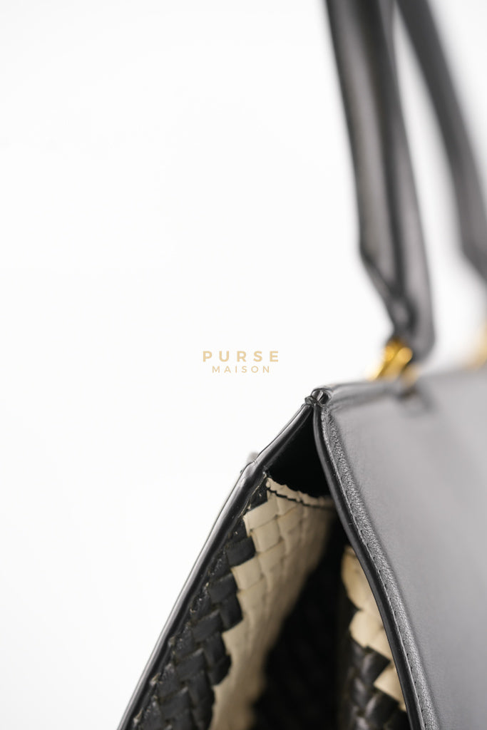 Trifolio Shoulder Hand Bag in Black & White Woven Leather & Gold Hardware | Purse Maison Luxury Bags Shop