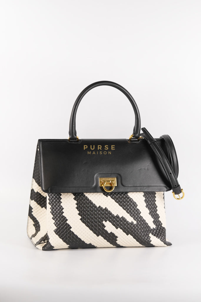 Trifolio Shoulder Hand Bag in Black & White Woven Leather & Gold Hardware | Purse Maison Luxury Bags Shop