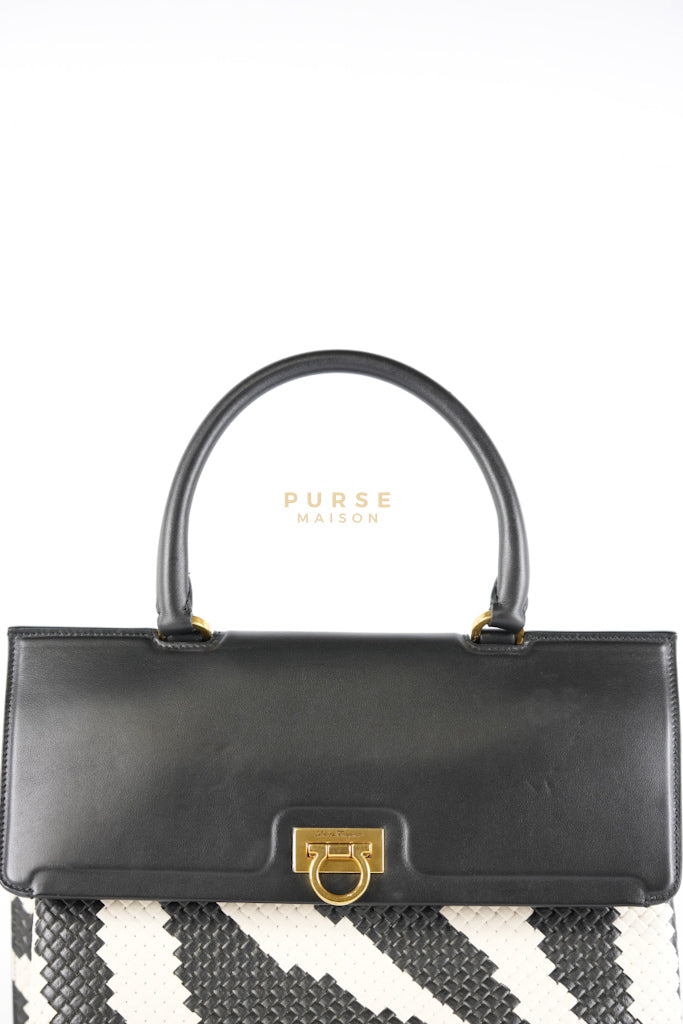 Trifolio Shoulder Hand Bag in Black & White Woven Leather & Gold Hardware | Purse Maison Luxury Bags Shop