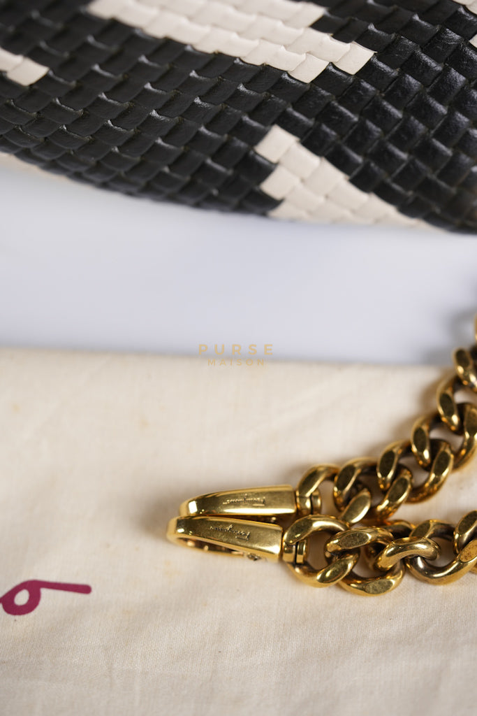 Trifolio Shoulder Hand Bag in Black & White Woven Leather & Gold Hardware | Purse Maison Luxury Bags Shop