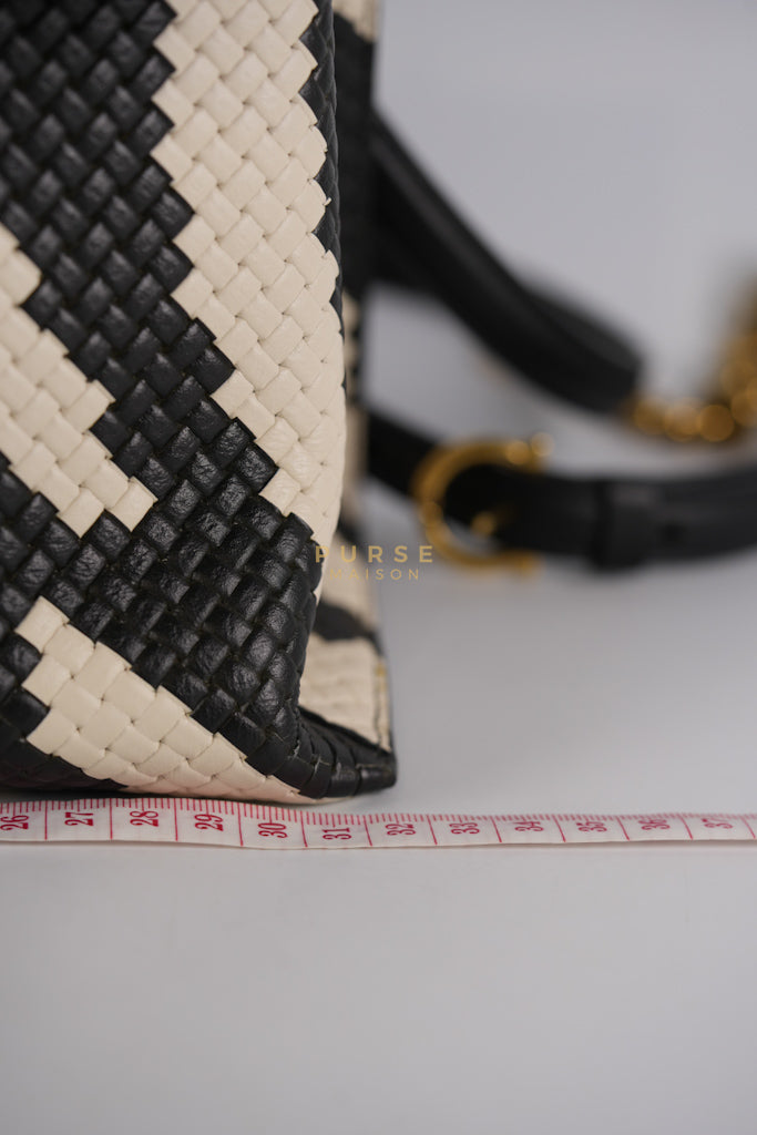 Trifolio Shoulder Hand Bag in Black & White Woven Leather & Gold Hardware | Purse Maison Luxury Bags Shop