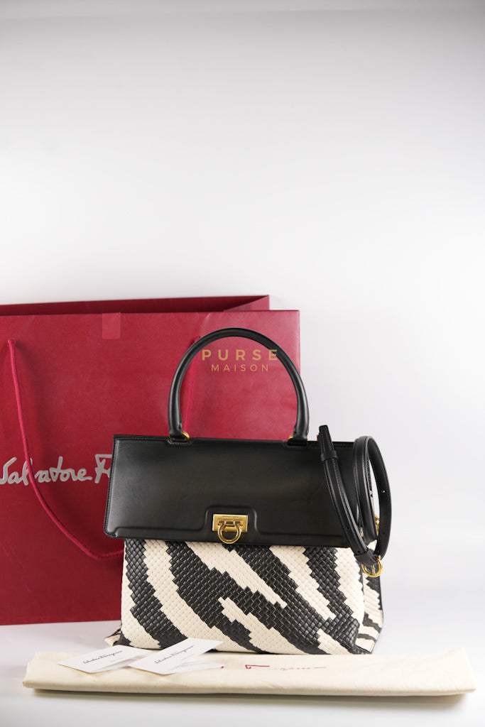 Trifolio Shoulder Hand Bag in Black & White Woven Leather & Gold Hardware | Purse Maison Luxury Bags Shop