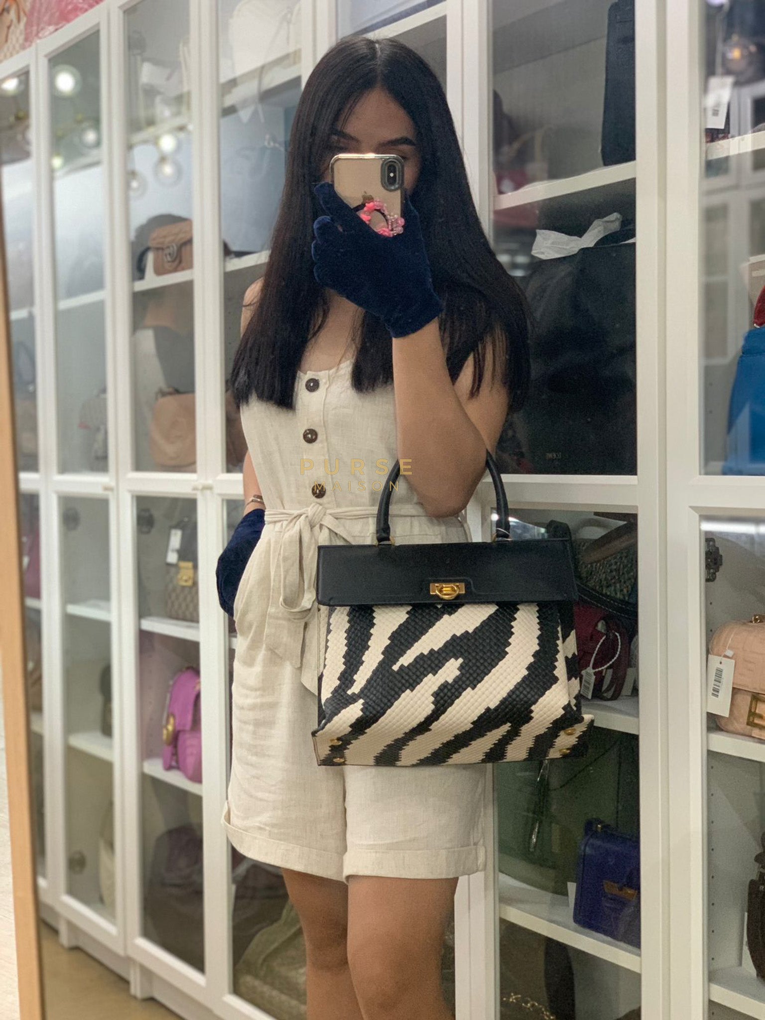 Trifolio Shoulder Hand Bag in Black & White Woven Leather & Gold Hardware | Purse Maison Luxury Bags Shop