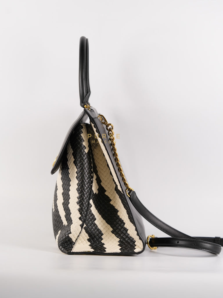 Trifolio Shoulder Hand Bag in Black & White Woven Leather & Gold Hardware | Purse Maison Luxury Bags Shop