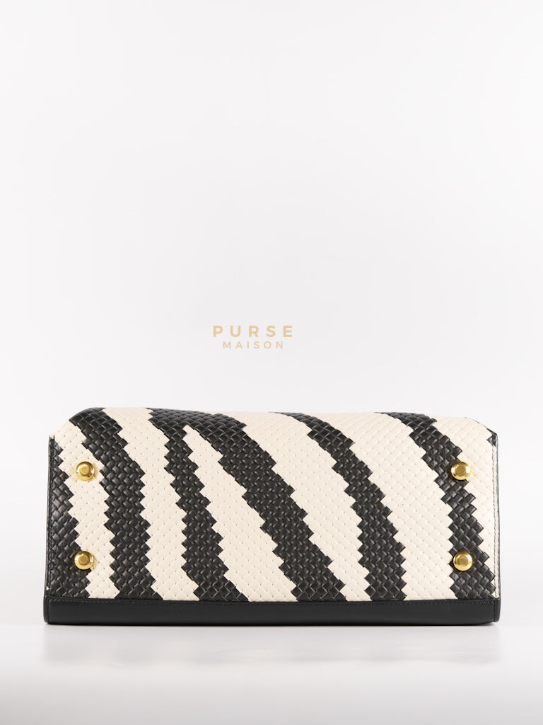 Trifolio Shoulder Hand Bag in Black & White Woven Leather & Gold Hardware | Purse Maison Luxury Bags Shop