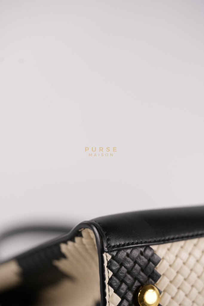 Trifolio Shoulder Hand Bag in Black & White Woven Leather & Gold Hardware | Purse Maison Luxury Bags Shop