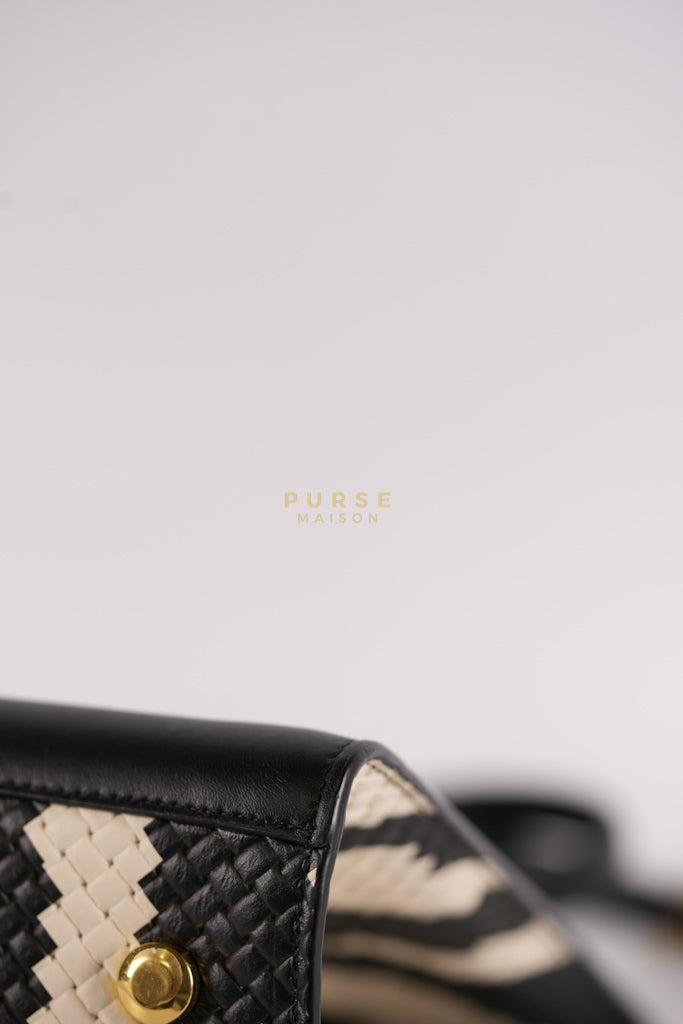 Trifolio Shoulder Hand Bag in Black & White Woven Leather & Gold Hardware | Purse Maison Luxury Bags Shop