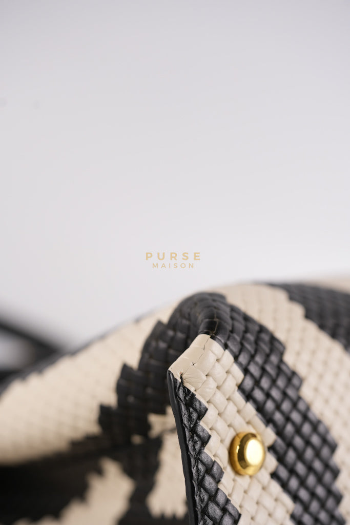 Trifolio Shoulder Hand Bag in Black & White Woven Leather & Gold Hardware | Purse Maison Luxury Bags Shop