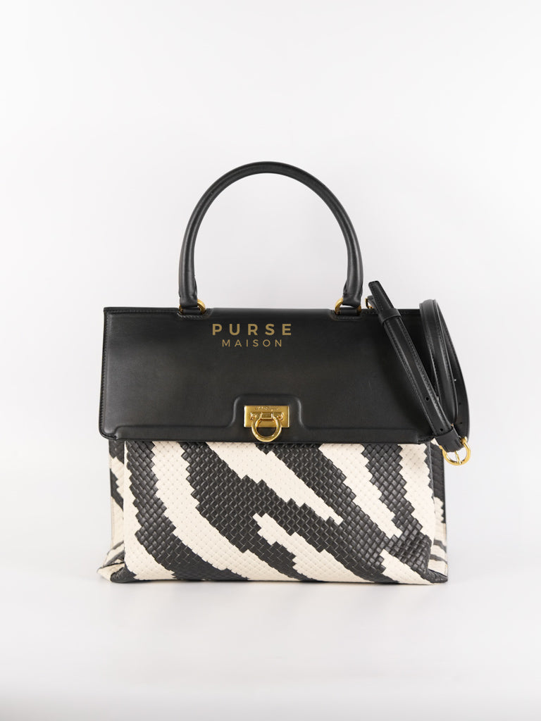 Trifolio Shoulder Hand Bag in Black & White Woven Leather & Gold Hardware | Purse Maison Luxury Bags Shop