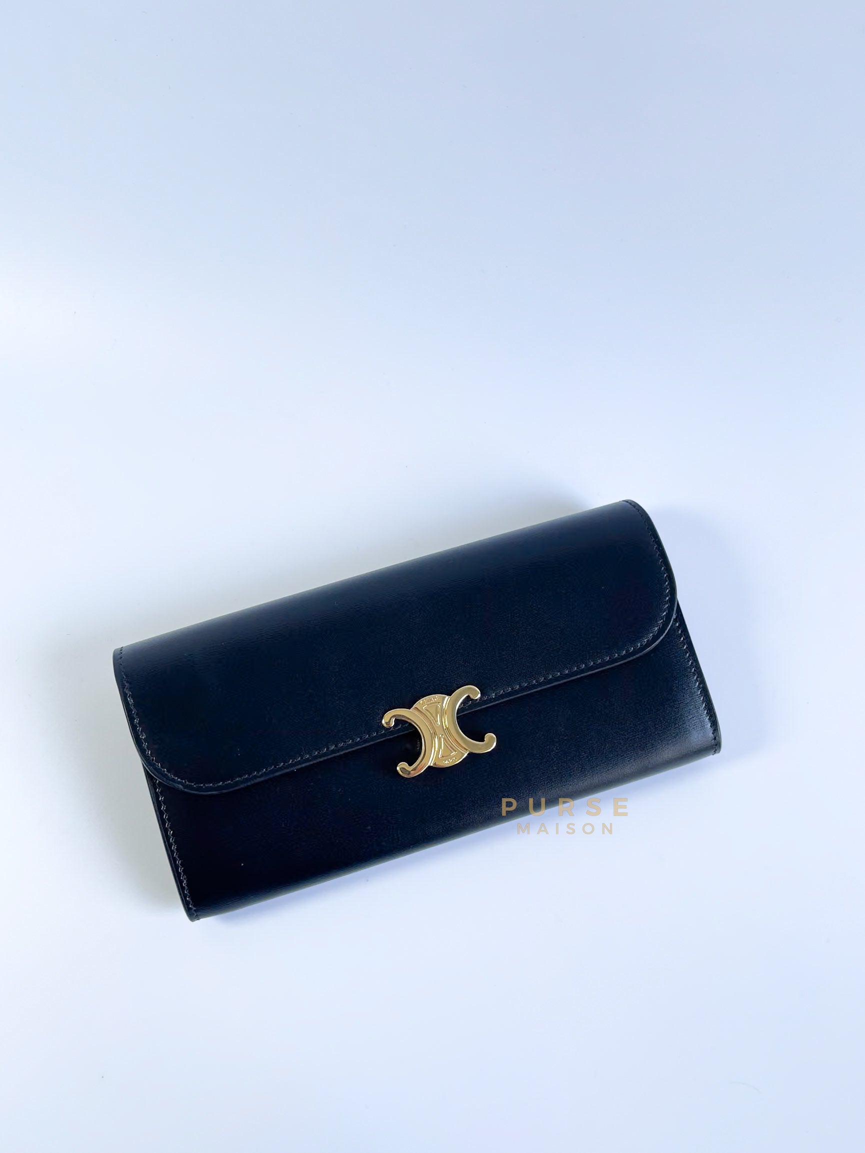 Triomphe Long Flap Wallet in Black Shiny Calfskin | Purse Maison Luxury Bags Shop