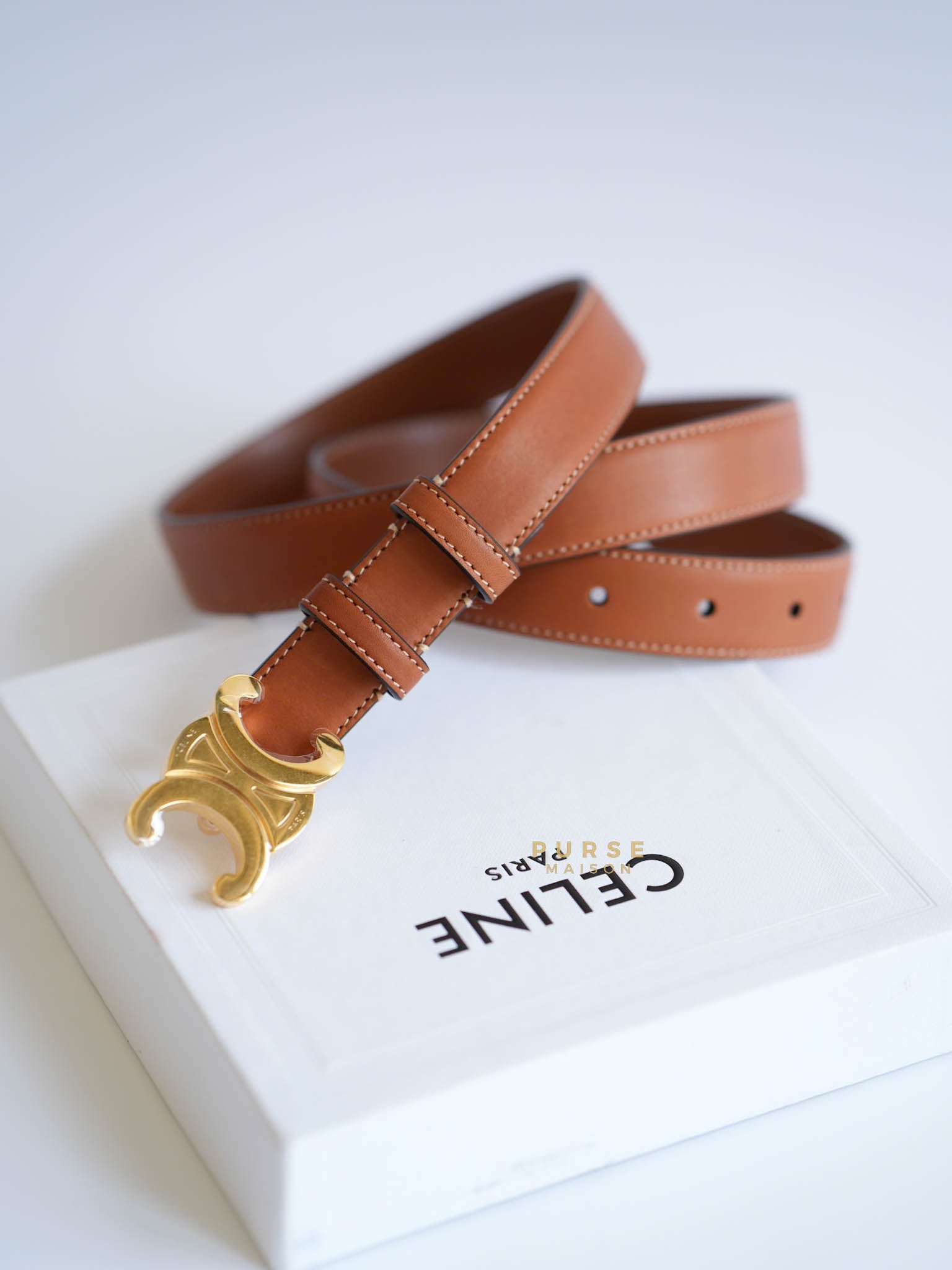 Triomphe Medium 25mm Belt in Tan Calfskin Leather (Size 95) | Purse Maison Luxury Bags Shop
