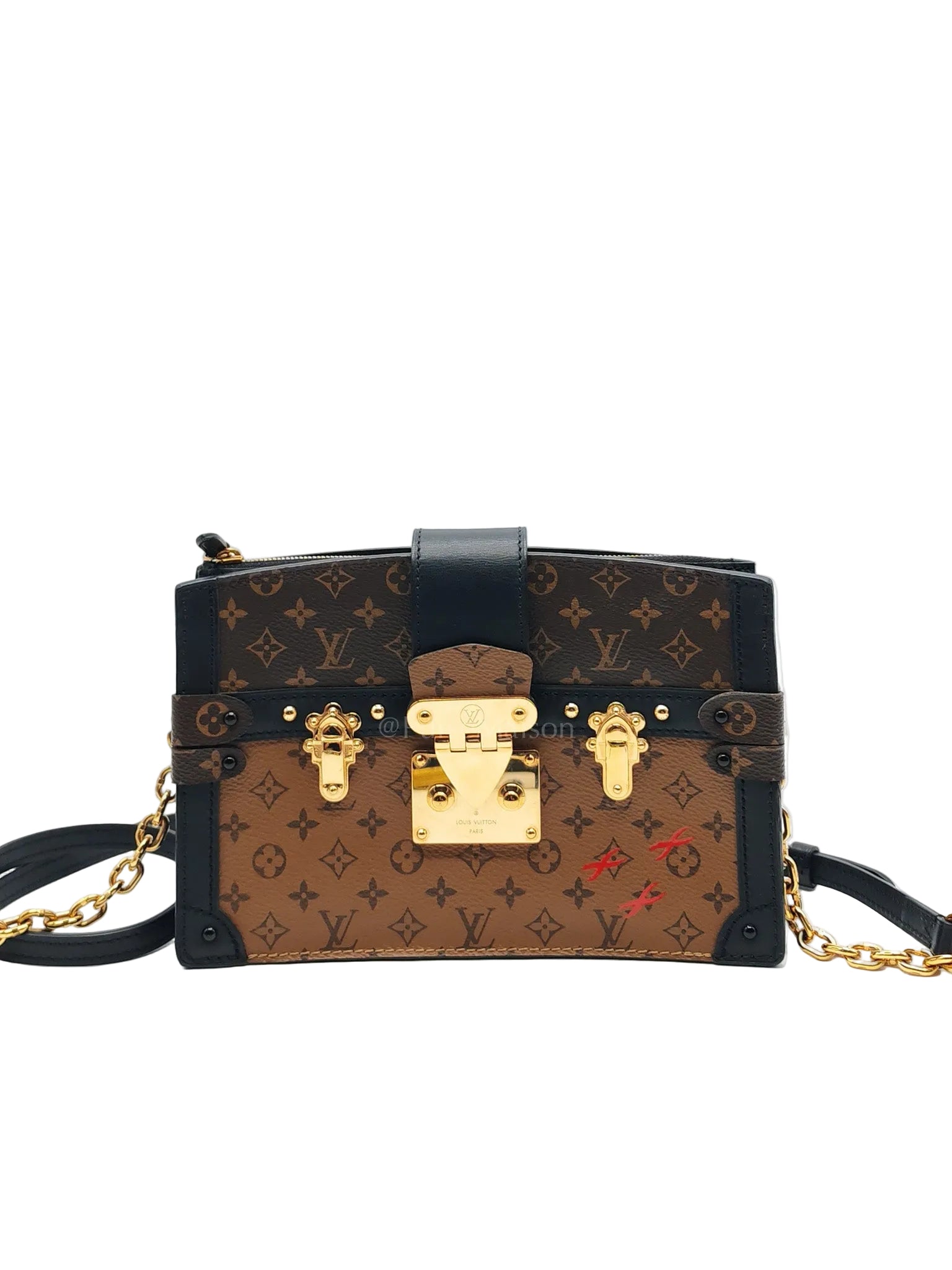Trunk Clutch in Reverse Monogram & Gold Hardware Microchip | Purse Maison Luxury Bags Shop