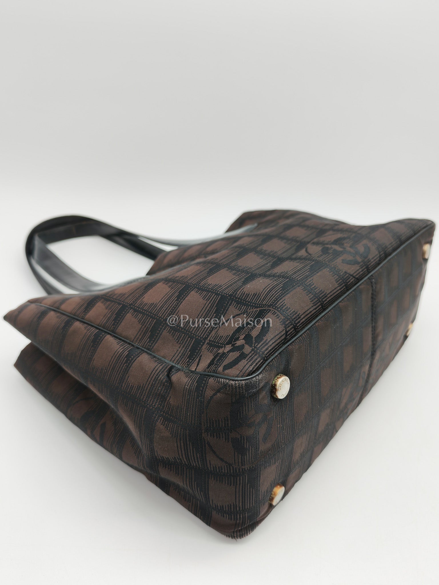 Chanel Travel Line PM Tote Bag in Dark Brown/Black Woven Jacquard Nylon Canvas Series 9