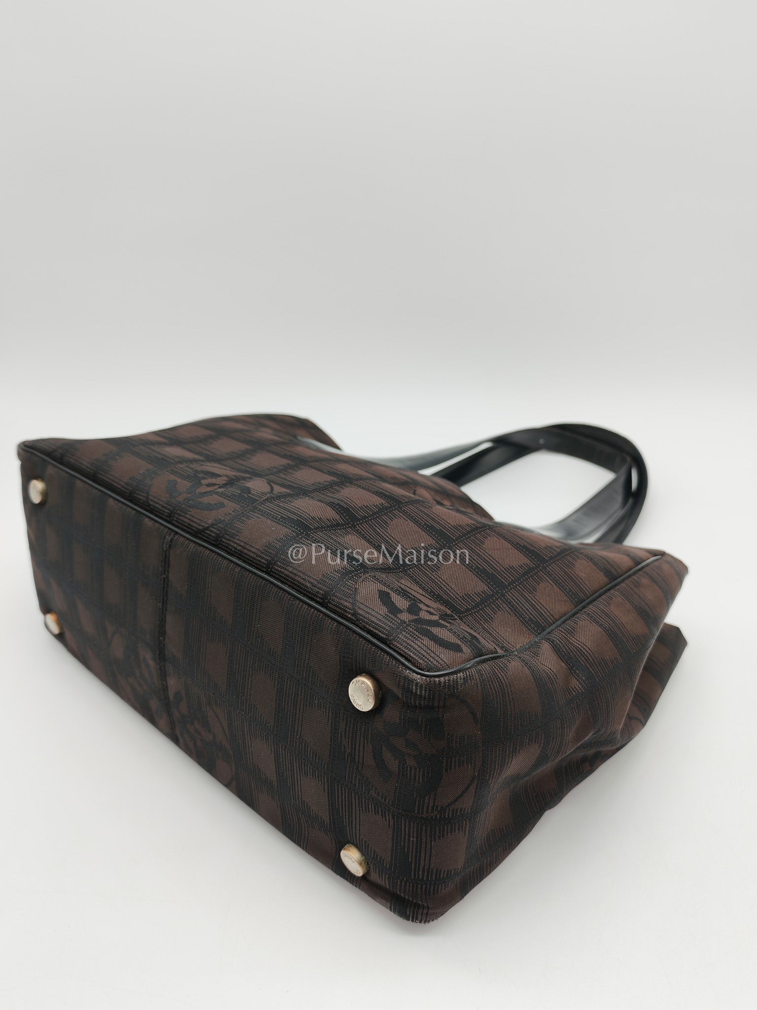 Chanel Travel Line PM Tote Bag in Dark Brown/Black Woven Jacquard Nylon Canvas Series 9