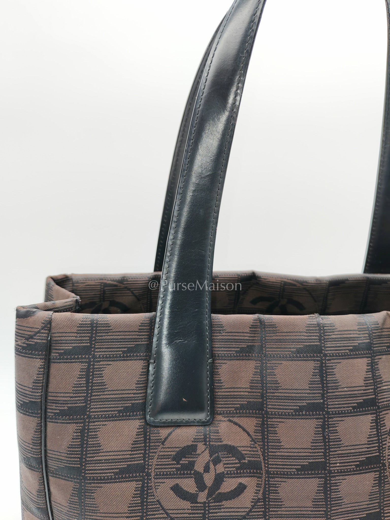 Chanel Travel Line PM Tote Bag in Dark Brown/Black Woven Jacquard Nylon Canvas Series 9