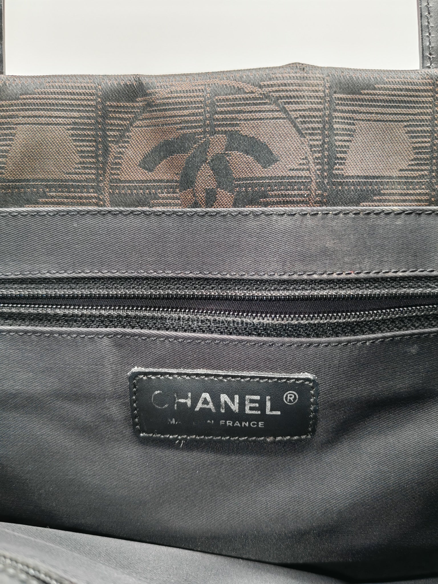 Chanel Travel Line PM Tote Bag in Dark Brown/Black Woven Jacquard Nylon Canvas Series 9