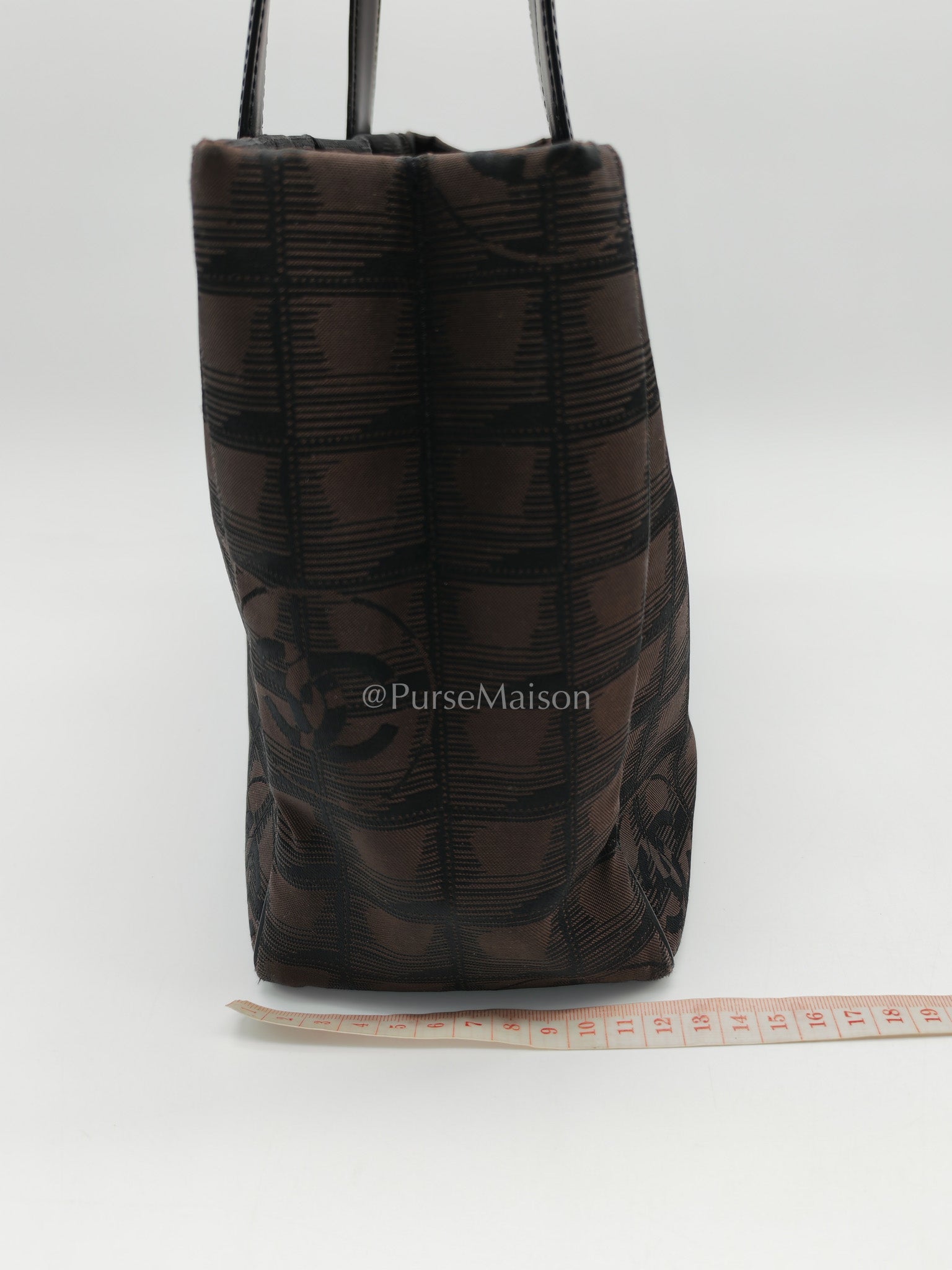 Chanel Travel Line PM Tote Bag in Dark Brown/Black Woven Jacquard Nylon Canvas Series 9