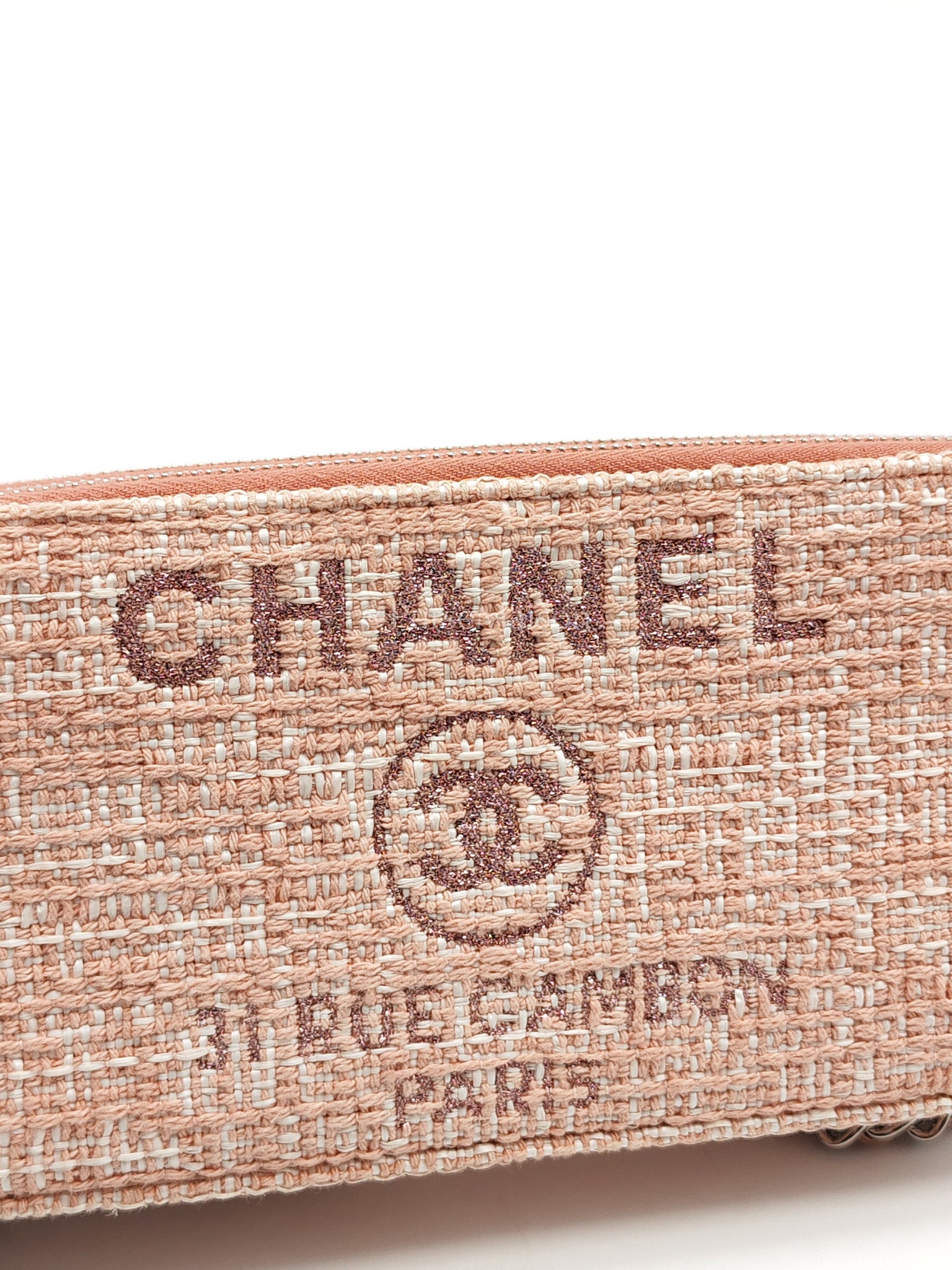 Tweed Deauville Double Zip Clutch Wallet on Chain in Pink Woven Canvas & Silver Hardware Series 25 | Purse Maison Luxury Bags Shop
