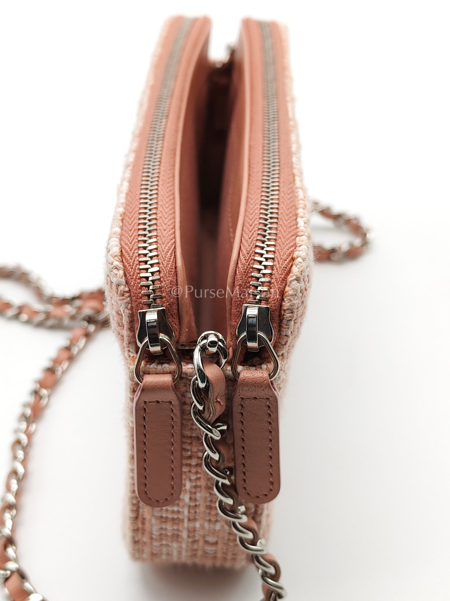 Tweed Deauville Double Zip Clutch Wallet on Chain in Pink Woven Canvas & Silver Hardware Series 25 | Purse Maison Luxury Bags Shop