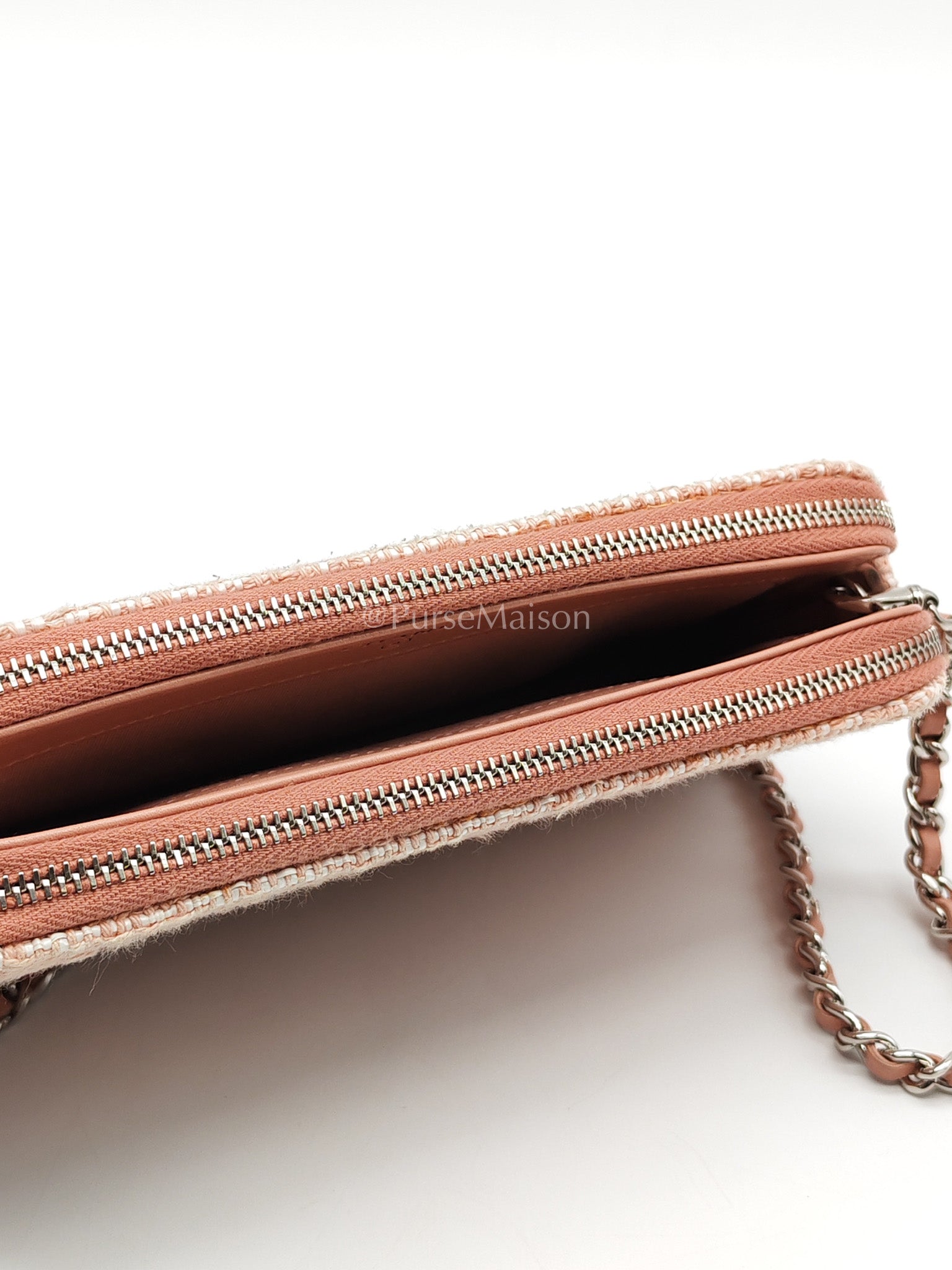Tweed Deauville Double Zip Clutch Wallet on Chain in Pink Woven Canvas & Silver Hardware Series 25 | Purse Maison Luxury Bags Shop