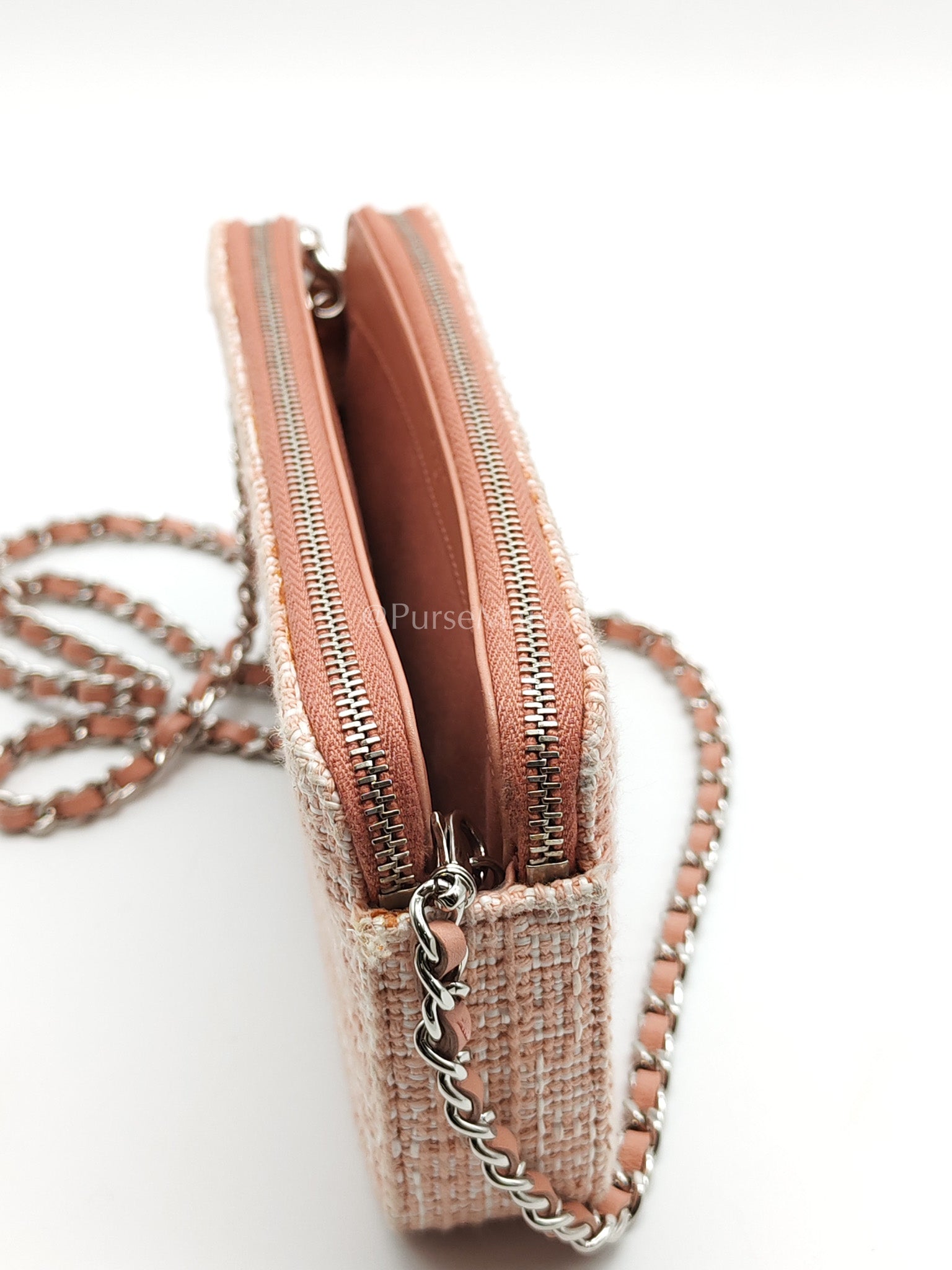 Tweed Deauville Double Zip Clutch Wallet on Chain in Pink Woven Canvas & Silver Hardware Series 25 | Purse Maison Luxury Bags Shop