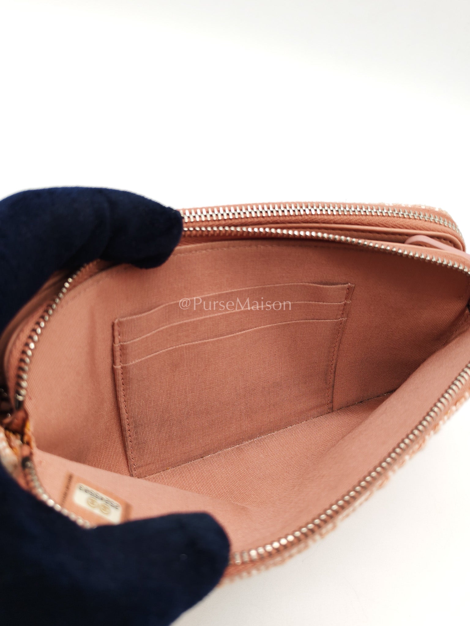 Tweed Deauville Double Zip Clutch Wallet on Chain in Pink Woven Canvas & Silver Hardware Series 25 | Purse Maison Luxury Bags Shop