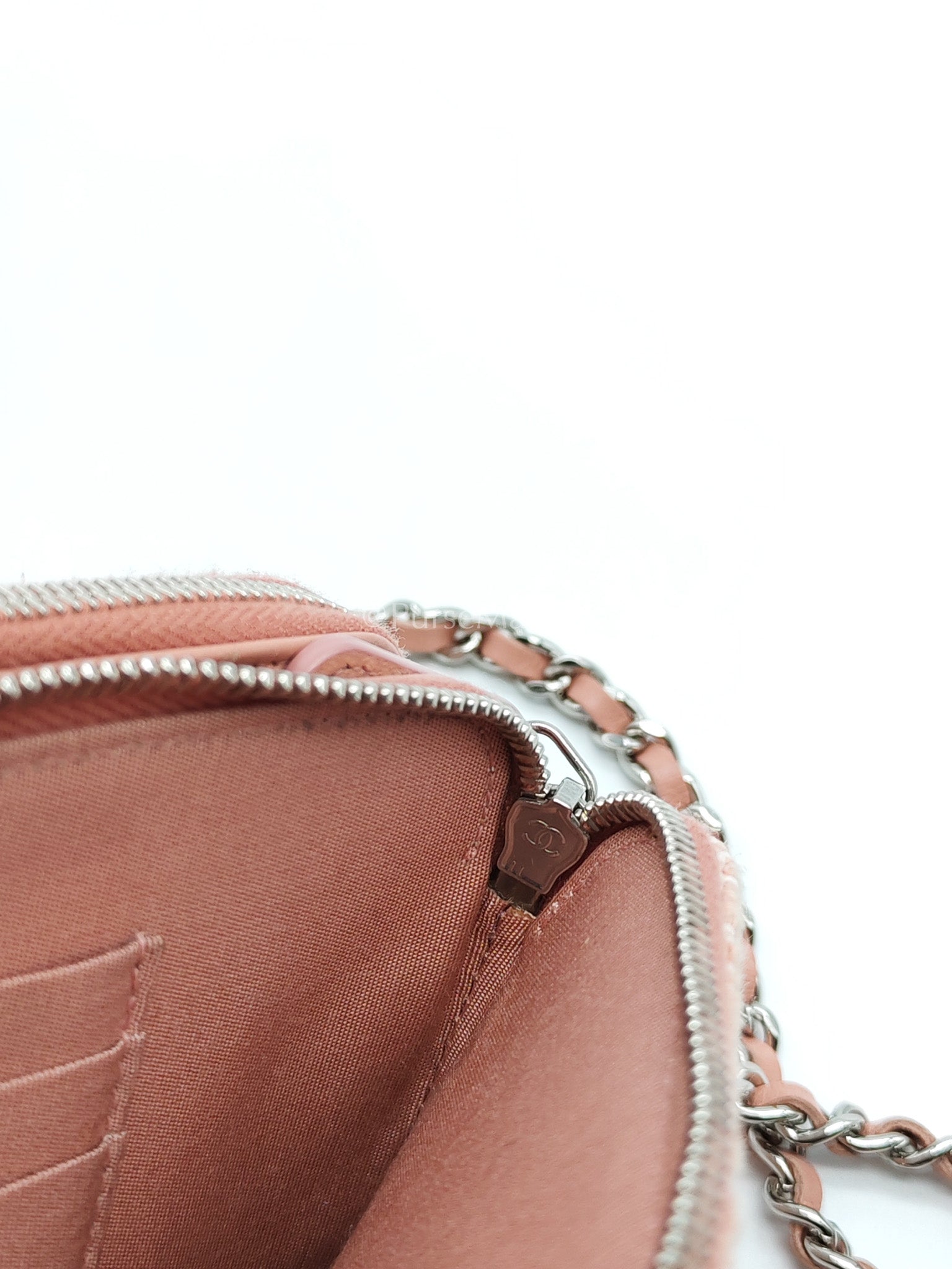 Tweed Deauville Double Zip Clutch Wallet on Chain in Pink Woven Canvas & Silver Hardware Series 25 | Purse Maison Luxury Bags Shop