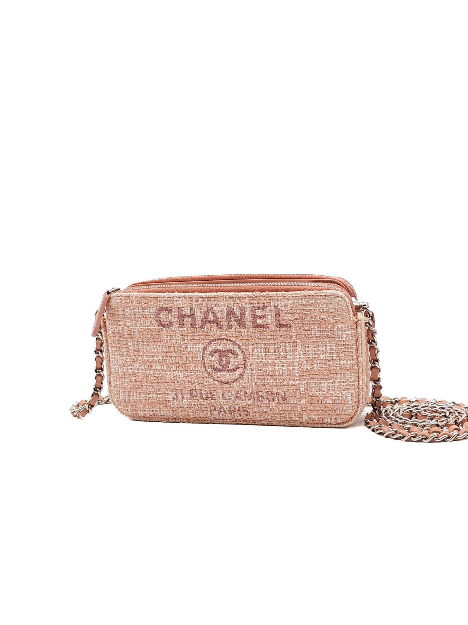 Tweed Deauville Double Zip Clutch Wallet on Chain in Pink Woven Canvas & Silver Hardware Series 25 | Purse Maison Luxury Bags Shop