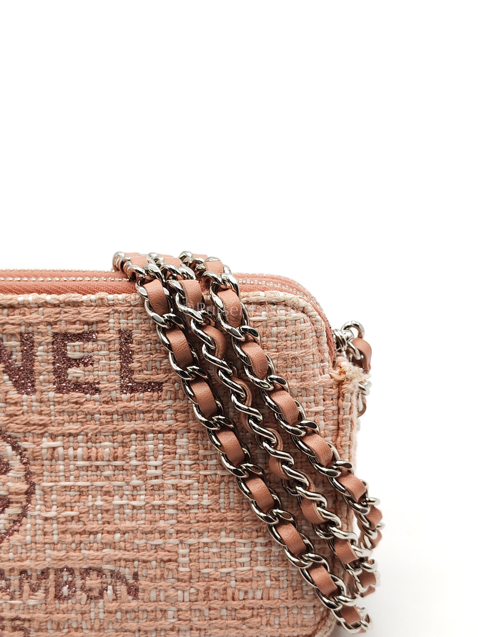 Tweed Deauville Double Zip Clutch Wallet on Chain in Pink Woven Canvas & Silver Hardware Series 25 | Purse Maison Luxury Bags Shop