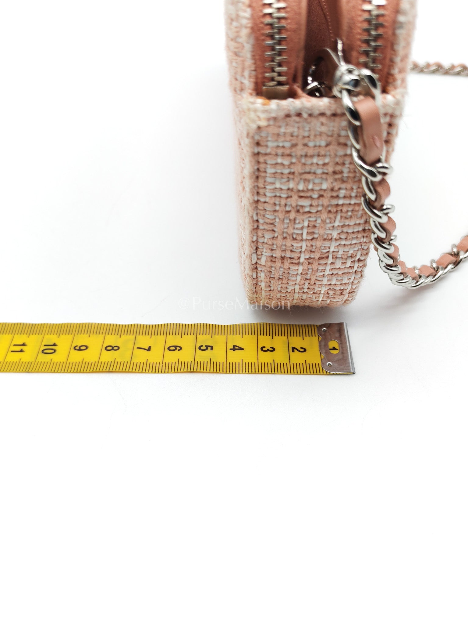 Tweed Deauville Double Zip Clutch Wallet on Chain in Pink Woven Canvas & Silver Hardware Series 25 | Purse Maison Luxury Bags Shop