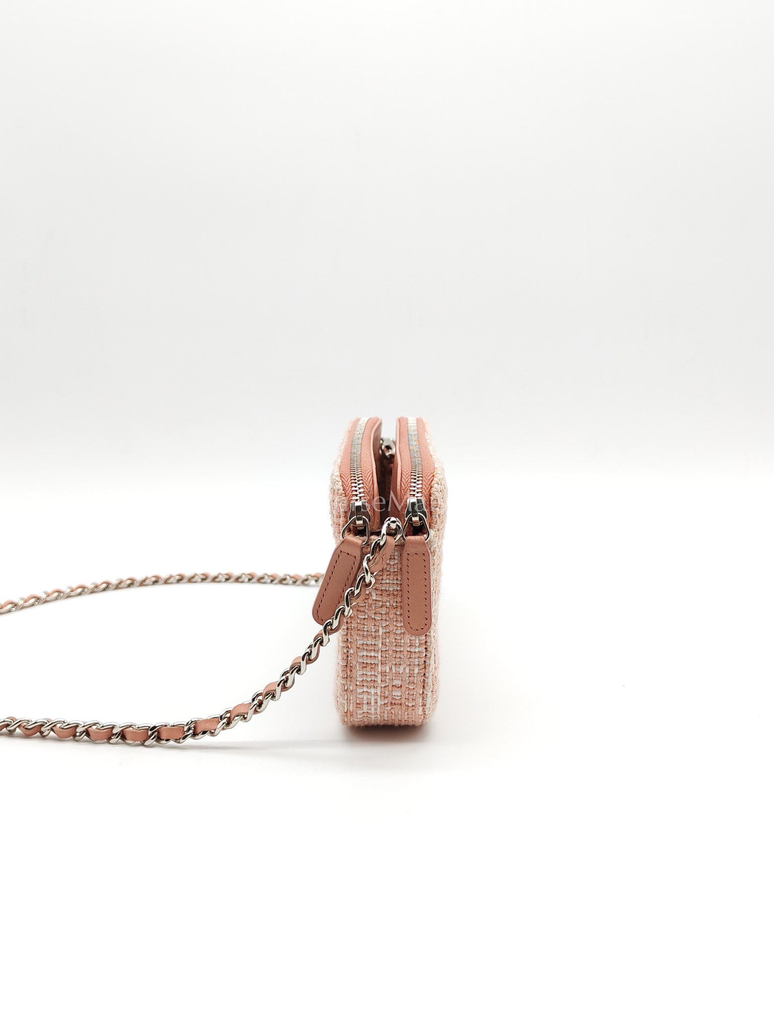 Tweed Deauville Double Zip Clutch Wallet on Chain in Pink Woven Canvas & Silver Hardware Series 25 | Purse Maison Luxury Bags Shop