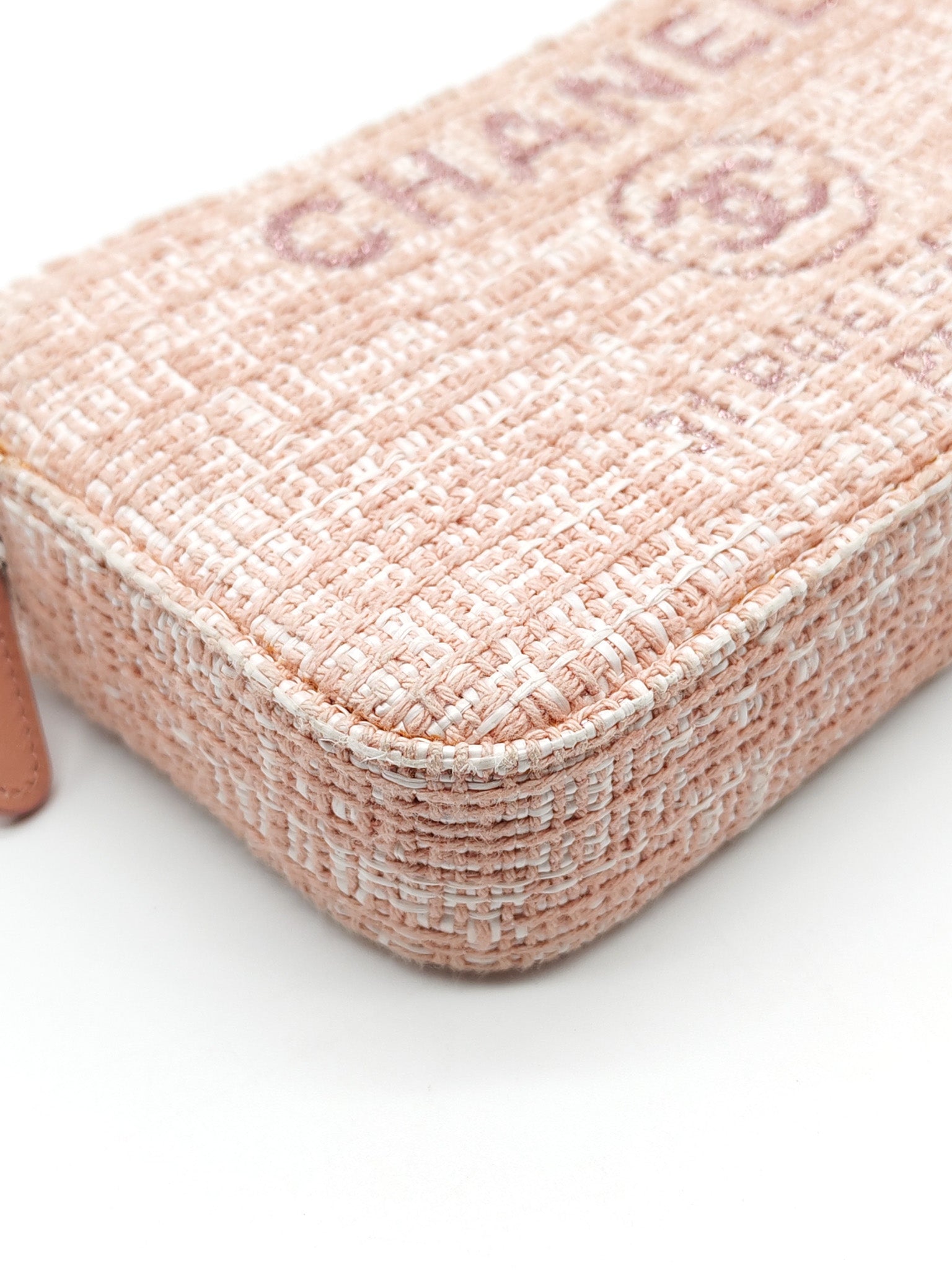 Tweed Deauville Double Zip Clutch Wallet on Chain in Pink Woven Canvas & Silver Hardware Series 25 | Purse Maison Luxury Bags Shop