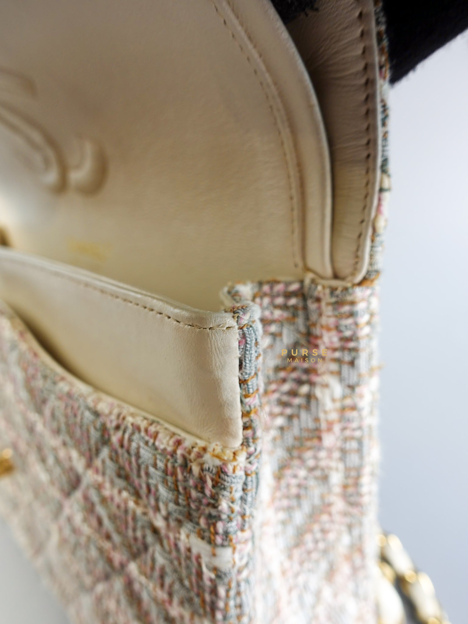 Tweed Quilted Medium Double Flap Beige Multicolor in Gold Hardware Series 8 | Purse Maison Luxury Bags Shop